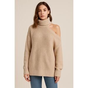 New Promesa One Shoulder Turtleneck Sweater S Beige Cutout Knit Oversized